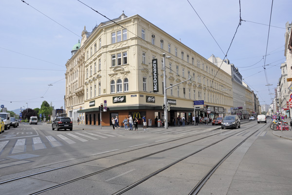 Eckansicht auf die Fassaden Augartenstraße / Taborstraße nach der Fertigstellung